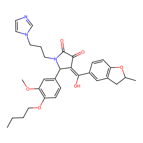 (4E)-5-(4-butoxy-3-methoxyphenyl)-4-[hydroxy-(2-methyl-2,3-dihydro-1-benzofuran-5-yl)methylidene]-1-(3-imidazol-1-ylpropyl)pyrrolidine-2,3-dione structure