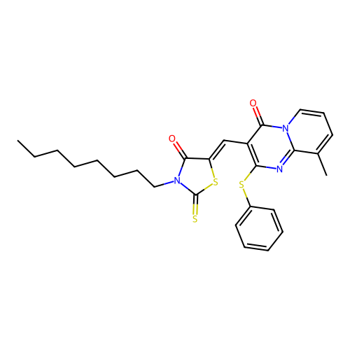 9-methyl-3-[(Z)-(3-octyl-4-oxo-2-thioxo-1,3-thiazolidin-5-ylidene)methyl]-2-(phenylsulfanyl)-4H-pyrido[1,2-a]pyrimidin-4-one structure