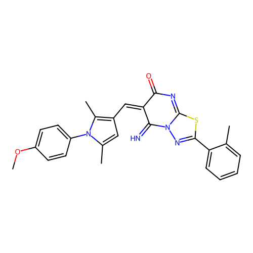(6E)-5-imino-6-[[1-(4-methoxyphenyl)-2,5-dimethylpyrrol-3-yl]methylidene]-2-(2-methylphenyl)-[1,3,4]thiadiazolo[3,2-a]pyrimidin-7-one structure