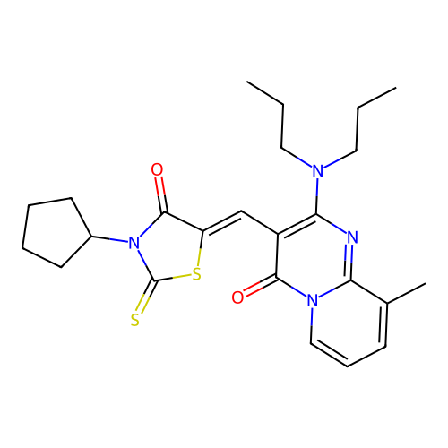 3-[(Z)-(3-cyclopentyl-4-oxo-2-thioxo-1,3-thiazolidin-5-ylidene)methyl]-2-(dipropylamino)-9-methyl-4H-pyrido[1,2-a]pyrimidin-4-one structure
