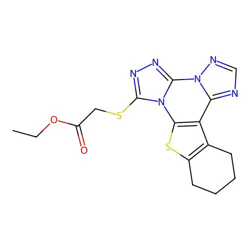 ethyl (10,11,12,13-tetrahydro[1]benzothieno[3,2-e]bis[1,2,4]triazolo[4,3-a:1',5'-c]pyrimidin-7-ylsulfanyl)acetate structure