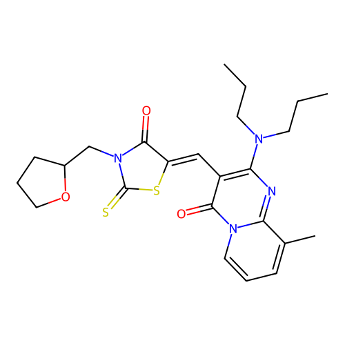 2-(dipropylamino)-9-methyl-3-{(Z)-[4-oxo-3-(tetrahydrofuran-2-ylmethyl)-2-thioxo-1,3-thiazolidin-5-ylidene]methyl}-4H-pyrido[1,2-a]pyrimidin-4-one structure