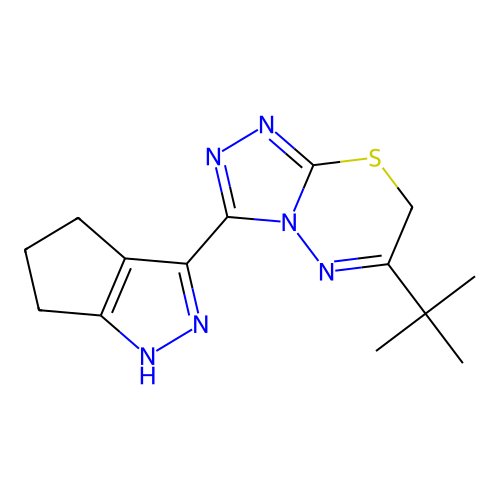 6-tert-butyl-3-(1,4,5,6-tetrahydrocyclopenta[c]pyrazol-3-yl)-7H-[1,2,4]triazolo[3,4-b][1,3,4]thiadiazine structure