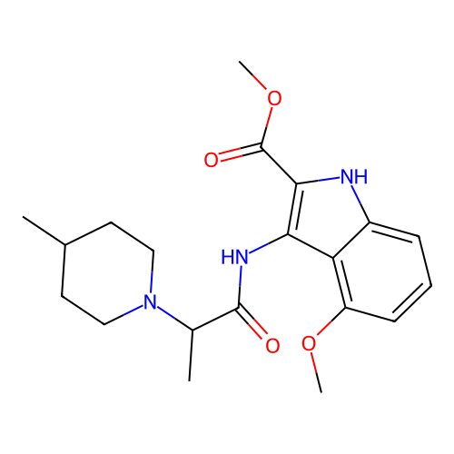 methyl 4-methoxy-3-(2-(4-methylpiperidin-1-yl)propanamido)-1H-indole-2-carboxylate structure