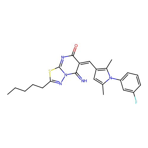 (6E)-6-[[1-(3-fluorophenyl)-2,5-dimethylpyrrol-3-yl]methylidene]-5-imino-2-pentyl-[1,3,4]thiadiazolo[3,2-a]pyrimidin-7-one structure