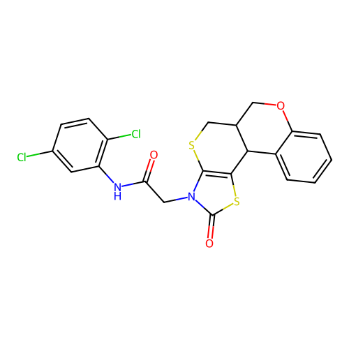 N-(2,5-dichlorophenyl)-2-(10-oxo(7H,11bH,6aH-1,3-thiazolino[5',4'-6,5]thiino[3,4-c]chroman-9-yl))acetamide structure