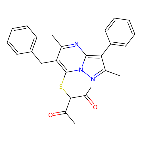 3-[(6-benzyl-2,5-dimethyl-3-phenylpyrazolo[1,5-a]pyrimidin-7-yl)sulfanyl]pentane-2,4-dione structure