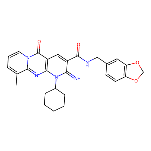 N-(1,3-benzodioxol-5-ylmethyl)-1-cyclohexyl-2-imino-10-methyl-5-oxo-1,5-dihydro-2H-dipyrido[1,2-a:2',3'-d]pyrimidine-3-carboxamide structure