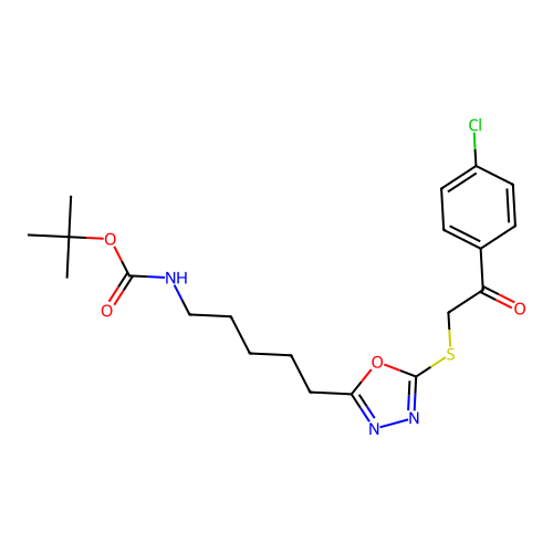 tert-butyl (5-(5-((2-(4-chlorophenyl)-2-oxoethyl)thio)-1,3,4-oxadiazol-2-yl)pentyl)carbamate structure