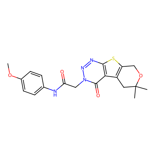 2-(6,6-dimethyl-4-oxo-4,5,6,8-tetrahydro-3H-pyrano[4',3':4,5]thieno[2,3-d][1,2,3]triazin-3-yl)-N-(4-methoxyphenyl)acetamide structure