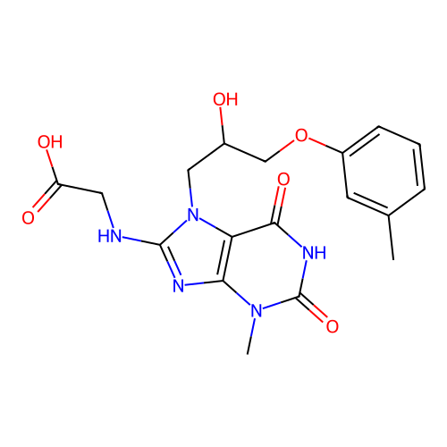 2-((7-(2-hydroxy-3-(m-tolyloxy)propyl)-3-methyl-2,6-dioxo-2,3,6,7-tetrahydro-1H-purin-8-yl)amino)acetic acid structure