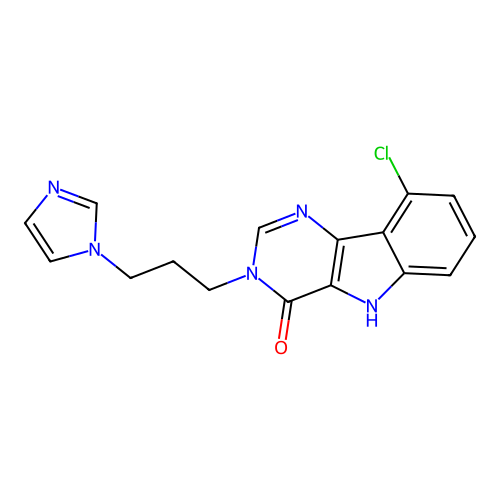 9-chloro-3-(3-imidazol-1-ylpropyl)-5H-pyrimido[5,4-b]indol-4-one structure