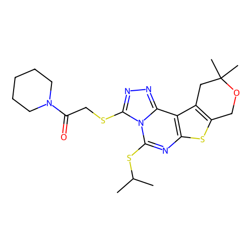 2-((5-(isopropylthio)-10,10-dimethyl-10,11-dihydro-8H-pyrano[4',3':4,5]thieno[3,2-e][1,2,4]triazolo[4,3-c]pyrimidin-3-yl)thio)-1-(piperidin-1-yl)ethanone structure