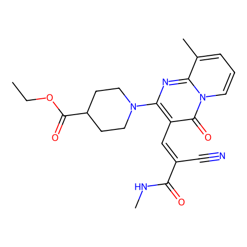 (E)-ethyl 1-(3-(2-cyano-3-(methylamino)-3-oxoprop-1-en-1-yl)-9-methyl-4-oxo-4H-pyrido[1,2-a]pyrimidin-2-yl)piperidine-4-carboxylate structure