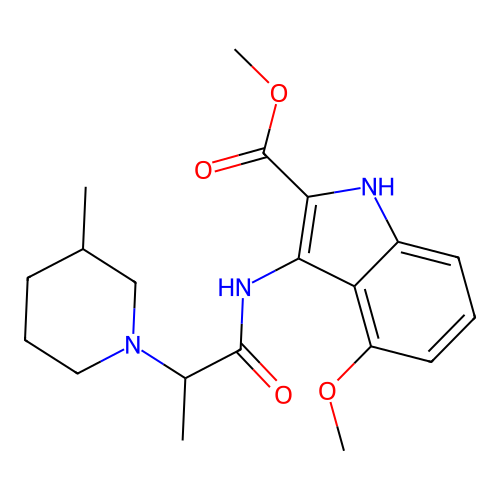 methyl 4-methoxy-3-(2-(3-methylpiperidin-1-yl)propanamido)-1H-indole-2-carboxylate structure