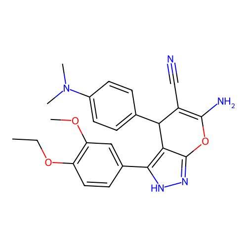 6-amino-4-(4-(dimethylamino)phenyl)-3-(4-ethoxy-3-methoxyphenyl)-1,4-dihydropyrano[2,3-c]pyrazole-5-carbonitrile structure