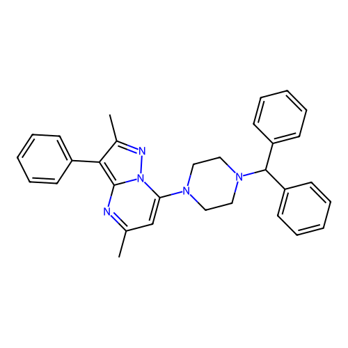 7-[4-(diphenylmethyl)piperazin-1-yl]-2,5-dimethyl-3-phenylpyrazolo[1,5-a]pyrimidine structure