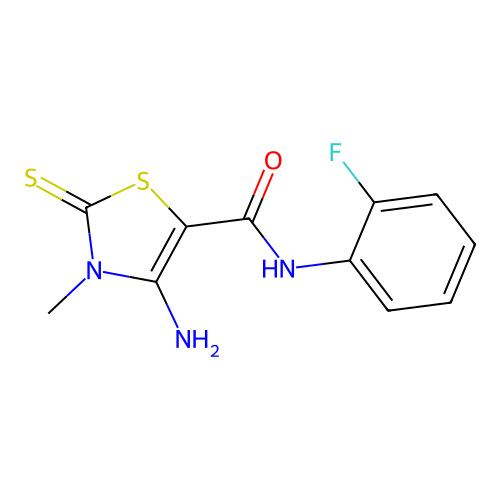 4-amino-N-(2-fluorophenyl)-3-methyl-2-sulfanylidene-1,3-thiazole-5-carboxamide structure