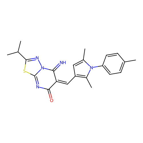 (E)-6-((2,5-dimethyl-1-(p-tolyl)-1H-pyrrol-3-yl)methylene)-5-imino-2-isopropyl-5H-[1,3,4]thiadiazolo[3,2-a]pyrimidin-7(6H)-one structure