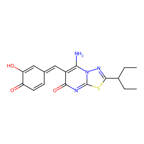 (E)-6-(3,4-dihydroxybenzylidene)-5-imino-2-(pentan-3-yl)-5H-[1,3,4]thiadiazolo[3,2-a]pyrimidin-7(6H)-one structure