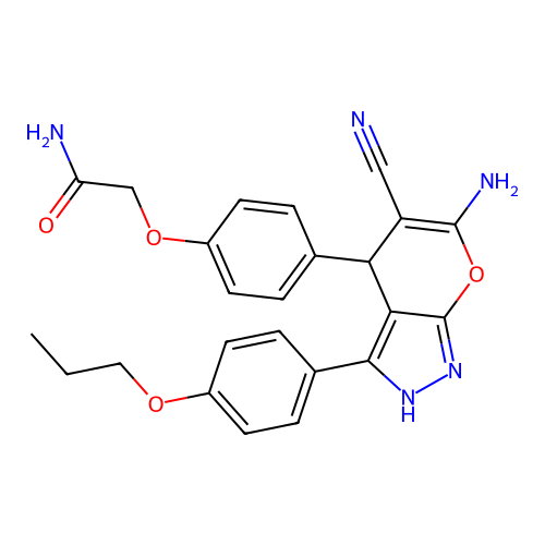 2-(4-(6-amino-5-cyano-3-(4-propoxyphenyl)-1,4-dihydropyrano[2,3-c]pyrazol-4-yl)phenoxy)acetamide structure