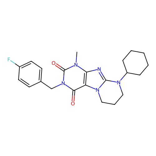9-cyclohexyl-3-(4-fluorobenzyl)-1-methyl-6,7,8,9-tetrahydropyrimido[2,1-f]purine-2,4(1H,3H)-dione structure