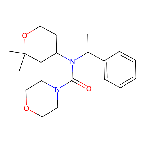N-(2,2-dimethyloxan-4-yl)-N-(1-phenylethyl)morpholine-4-carboxamide structure