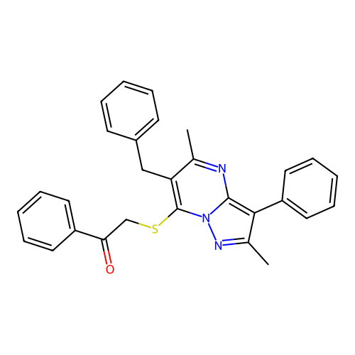 2-[(6-benzyl-2,5-dimethyl-3-phenylpyrazolo[1,5-a]pyrimidin-7-yl)sulfanyl]-1-phenylethanone structure