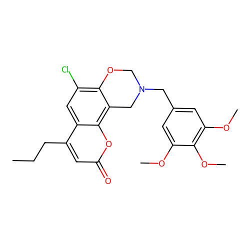6-chloro-4-propyl-9-(3,4,5-trimethoxybenzyl)-9,10-dihydro-2H,8H-chromeno[8,7-e][1,3]oxazin-2-one structure