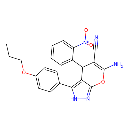 6-amino-4-(2-nitrophenyl)-3-(4-propoxyphenyl)-2,4-dihydropyrano[2,3-c]pyrazole-5-carbonitrile structure