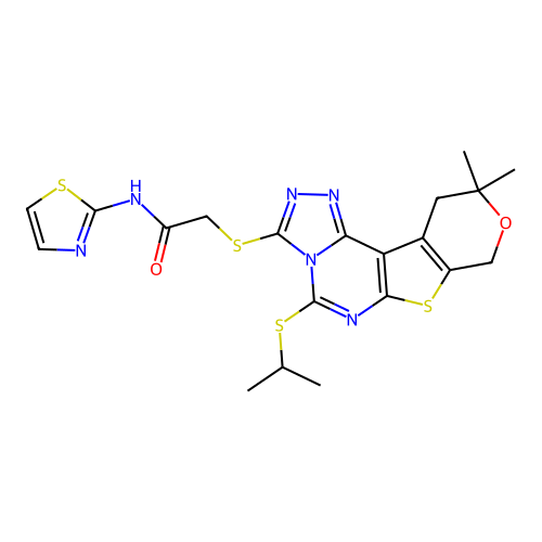 2-((5-(isopropylthio)-10,10-dimethyl-10,11-dihydro-8H-pyrano[4',3':4,5]thieno[3,2-e][1,2,4]triazolo[4,3-c]pyrimidin-3-yl)thio)-N-(thiazol-2-yl)acetamide structure
