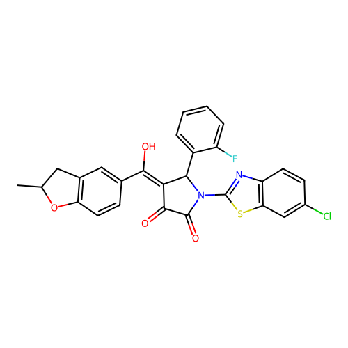 (4E)-1-(6-chloro-1,3-benzothiazol-2-yl)-5-(2-fluorophenyl)-4-[hydroxy(2-methyl-2,3-dihydro-1-benzofuran-5-yl)methylidene]pyrrolidine-2,3-dione structure