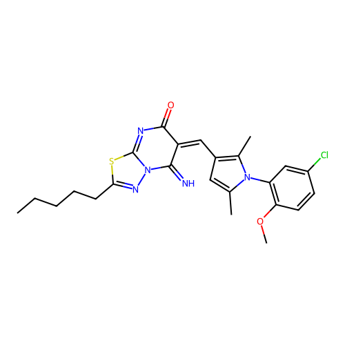 (6E)-6-[[1-(5-chloro-2-methoxyphenyl)-2,5-dimethylpyrrol-3-yl]methylidene]-5-imino-2-pentyl-[1,3,4]thiadiazolo[3,2-a]pyrimidin-7-one structure