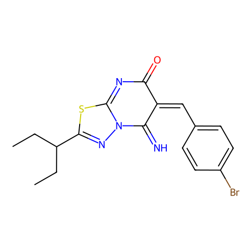 (6E)-6-(4-bromobenzylidene)-5-imino-2-(pentan-3-yl)-5,6-dihydro-7H-[1,3,4]thiadiazolo[3,2-a]pyrimidin-7-one structure