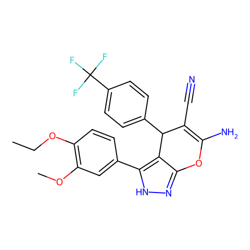 6-amino-3-(4-ethoxy-3-methoxyphenyl)-4-[4-(trifluoromethyl)phenyl]-2,4-dihydropyrano[2,3-c]pyrazole-5-carbonitrile structure