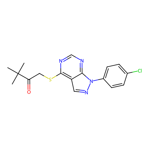 1-((1-(4-chlorophenyl)-1H-pyrazolo[3,4-d]pyrimidin-4-yl)thio)-3,3-dimethylbutan-2-one structure