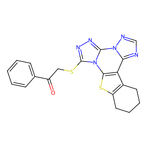 1-phenyl-2-((10,11,12,13-tetrahydrobenzo[4,5]thieno[3,2-e]bis([1,2,4]triazolo)[4,3-a:1',5'-c]pyrimidin-7-yl)thio)ethanone structure