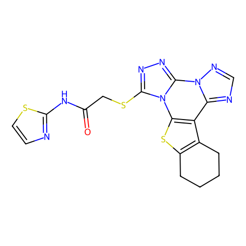 2-((10,11,12,13-tetrahydrobenzo[4,5]thieno[3,2-e]bis([1,2,4]triazolo)[4,3-a:1',5'-c]pyrimidin-7-yl)thio)-N-(thiazol-2-yl)acetamide structure