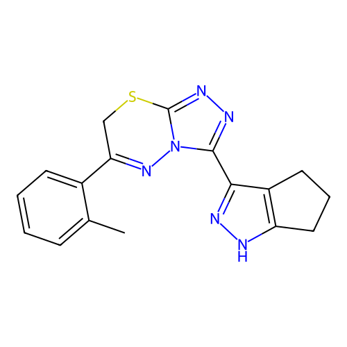 6-(2-methylphenyl)-3-(1,4,5,6-tetrahydrocyclopenta[c]pyrazol-3-yl)-7H-[1,2,4]triazolo[3,4-b][1,3,4]thiadiazine structure