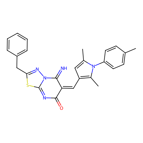 (E)-2-benzyl-6-((2,5-dimethyl-1-(p-tolyl)-1H-pyrrol-3-yl)methylene)-5-imino-5H-[1,3,4]thiadiazolo[3,2-a]pyrimidin-7(6H)-one structure