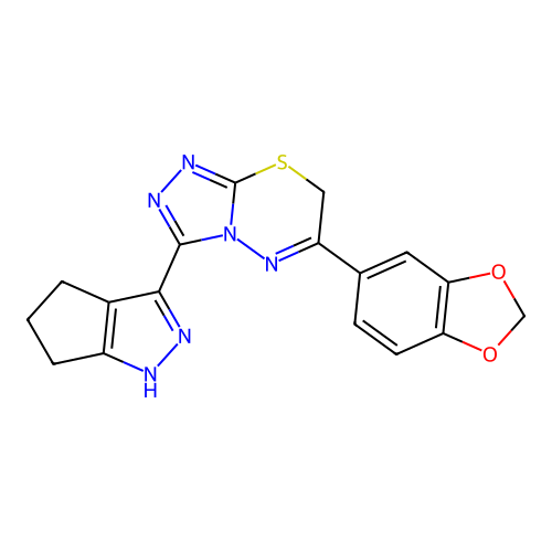 6-(1,3-benzodioxol-5-yl)-3-(1,4,5,6-tetrahydrocyclopenta[c]pyrazol-3-yl)-7H-[1,2,4]triazolo[3,4-b][1,3,4]thiadiazine structure