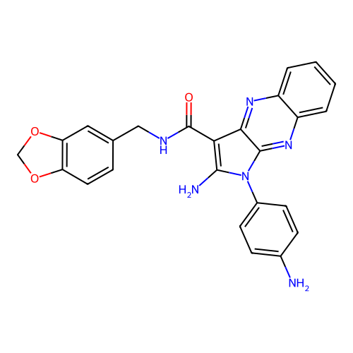 2-amino-1-(4-aminophenyl)-N-(1,3-benzodioxol-5-ylmethyl)pyrrolo[3,2-b]quinoxaline-3-carboxamide structure