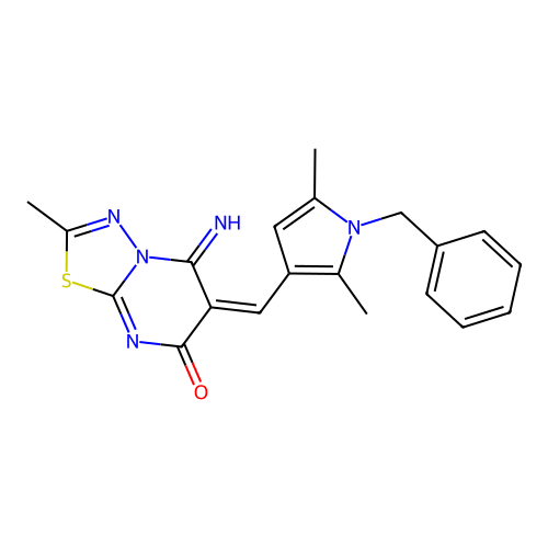 (6E)-6-[(1-benzyl-2,5-dimethylpyrrol-3-yl)methylidene]-5-imino-2-methyl-[1,3,4]thiadiazolo[3,2-a]pyrimidin-7-one structure