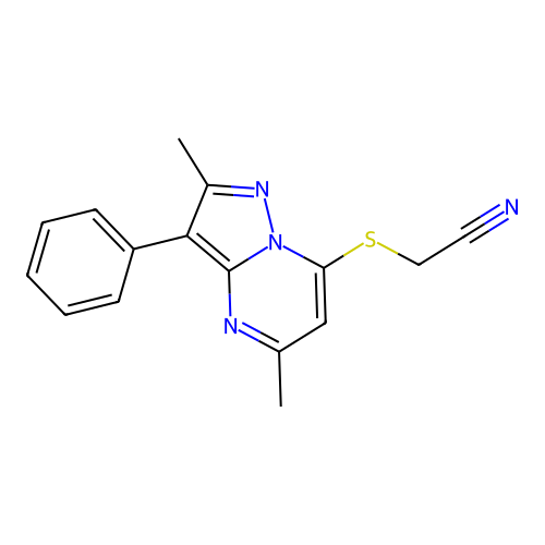2-[(2,5-Dimethyl-3-phenyl-7-pyrazolo[1,5-a]pyrimidinyl)thio]acetonitrile structure
