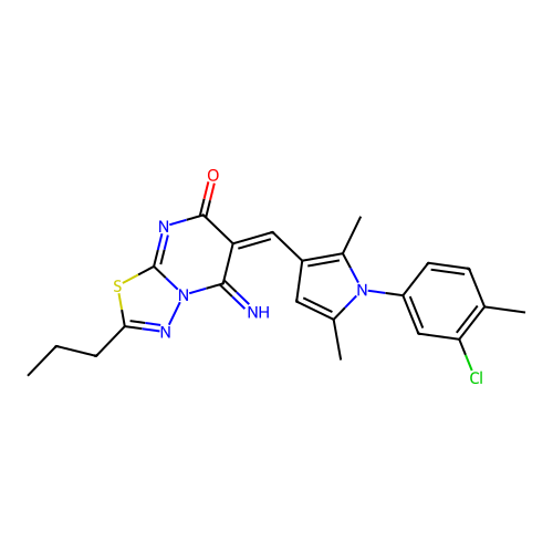 (6E)-6-[[1-(3-chloro-4-methylphenyl)-2,5-dimethylpyrrol-3-yl]methylidene]-5-imino-2-propyl-[1,3,4]thiadiazolo[3,2-a]pyrimidin-7-one structure