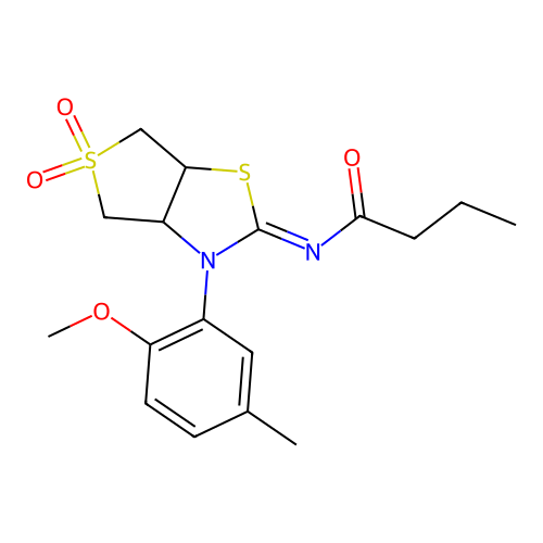 (Z)-N-(3-(2-methoxy-5-methylphenyl)-5,5-dioxidotetrahydrothieno[3,4-d]thiazol-2(3H)-ylidene)butyramide structure