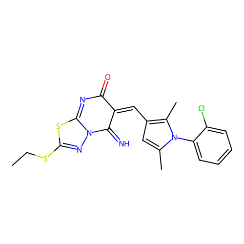 (6E)-6-[[1-(2-chlorophenyl)-2,5-dimethylpyrrol-3-yl]methylidene]-2-ethylsulfanyl-5-imino-[1,3,4]thiadiazolo[3,2-a]pyrimidin-7-one structure