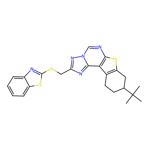 2-((benzo[d]thiazol-2-ylthio)methyl)-9-(tert-butyl)-8,9,10,11-tetrahydrobenzo[4,5]thieno[3,2-e][1,2,4]triazolo[1,5-c]pyrimidine structure