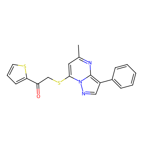 2-((5-methyl-3-phenylpyrazolo[1,5-a]pyrimidin-7-yl)thio)-1-(thiophen-2-yl)ethanone structure
