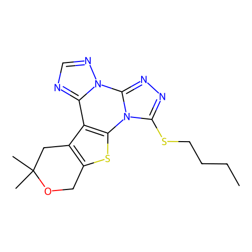 7-(butylsulfanyl)-12,12-dimethyl-12,13-dihydro-10H-pyrano[4',3':4,5]thieno[3,2-e]bis[1,2,4]triazolo[4,3-a:1',5'-c]pyrimidine structure